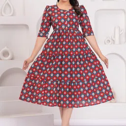 THE WHITE FEATHERS Women Cotton Ethnic Motifs Printed Puff Sleeve Fit & Flare Midi Dress-image-39