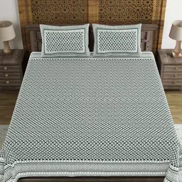 BLOCKS OF INDIA Green & White Ethnic Motifs 210 TC King Bedsheet with 2 Pillow Covers-image-68