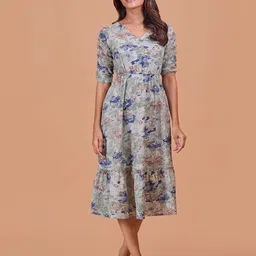 Fashfun Women Floral Print Puff Sleeve Fit & Flare Midi Dress-32