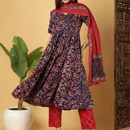 ARADHNA Floral Printed V-Neck Anarkali Kurta With Trousers & Dupatta-picture-49