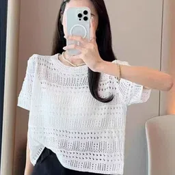 KPOP Women Self Design Round Neck Short Sleeves Top-image-64