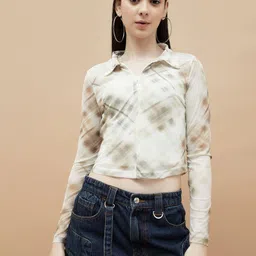 Ginger by Lifestyle Women Printed Polo Collar Raw Edge T-shirt-image-50