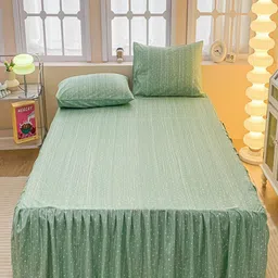 JC HOME Green & White Striped 150 TC Fitted King Bedsheet with 2 Pillow Covers-image-93