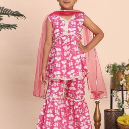 Cutiekins Girls Floral Printed A-Line Kurti with Sharara & Dupatta-picture-29