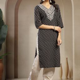 Sangria Women Ethnic Motifs Printed Regular Straight Sequins Calf Length Kurta-image-60