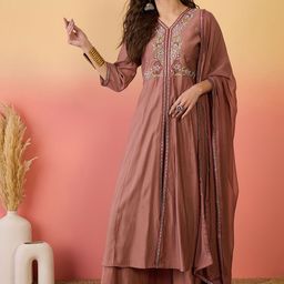 Sangria Floral Embroidered Silk Anarkali Kurta & Palazzo With Dupatta-26