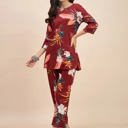 TRUVON FASHIONS Floral Printed Notch Neck Tunic With Trousers-picture-35