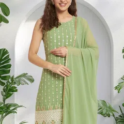 PARROT CREATION Women Embroidered Regular Sequinned Kurti with Sharara & With Dupatta-image-52