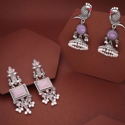 Anouk Set Of 2 Silver-Plated Artificial Stones Studded and Beaded Oxidised Dome Jhumkas image 5