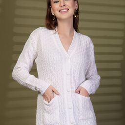 Clora Creation Women Self Design Open Knit V-Neck Woollen Cardigan Sweaters-picture-44