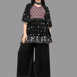 PARROT CREATION Floral Embroidered Georgette Anarkali Kurti With Sharara-image-53