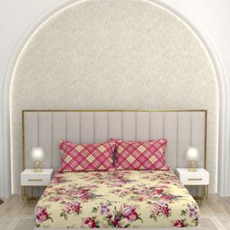 Pure Decor Yellow & Pink Floral Queen Bedsheet with 2 Pillow Covers-picture-33
