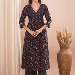 FASHOR Women Ethnic Motifs Printed Pleated Pure Cotton Kurta with Palazzos-37
