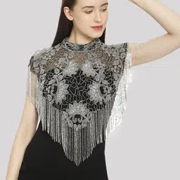HAUTEMODA Beads Embroidered Poncho Cape Net Shrug-31