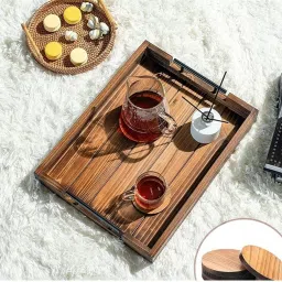 maryam wood handicraft Rustic Wooden Serving Tray With Handles & Matching Coasters Tray, Coasters Serving Set image 2
