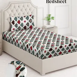 Aura White & Green Geometric 350 TC Single Bedsheet with 1 Pillow Covers-image-91