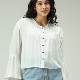 Outzidr Mandarin Collar Bell Sleeve Shirt Style Top-image-2