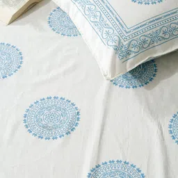 eyda White & Blue Ethnic Motifs 180 TC King Bedsheet with 2 Pillow Covers-image-73