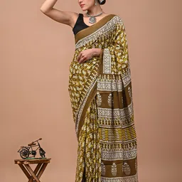 Crafts Moda Floral Pure Cotton Block Print Saree-image-54