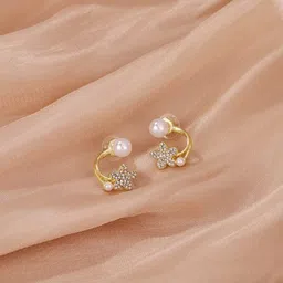 PolluxCraft Gold-Plated Zircon Stone Studded & Pearls Beaded Floral Shaped Studs-16