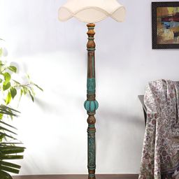 Devansh Off White & Brown Floor Lamp With Wooden Base-24