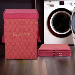 Aura 4Pcs Maroon & Beige Printed Foldable Laundry Bags With Lid & Handles - 75 L Each-3