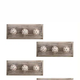 Indianshelf 4-Pcs White & Brown Printed 3 Holder Wooden Wall Hooks-17