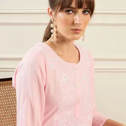 Indo Era Floral Yoke Design Round Neck Thread Work Straight Kurta-picture-48