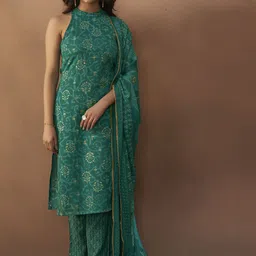 Anouk Green Floral Printed Halter Neck Straight Kurta With Trouser And Dupatta-picture-28