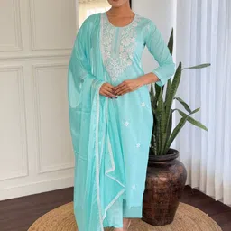 Moda Rapido Floral Embroidered Round Neck Pure Cotton Kurta With Trousers & Dupatta-picture-38
