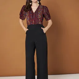 BRINNS Geomteric Printed V-Neck Puffed Sleeves Basic Jumpsuit-48