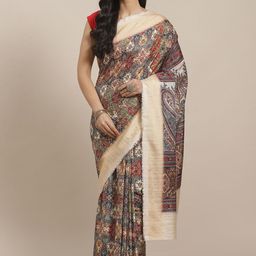 DIVASTRI Women Beige Printed Ethnic Motifs Silk Blend Saree-picture-18