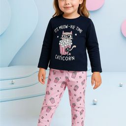 YK Girls Blue Full Sleeves Round Neck Cotton Blend Cat & Popcorn Printed Night Suit-picture-32