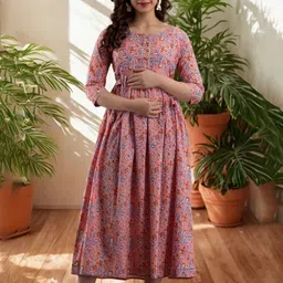 Vaidiki Women Maternity Plus Size Floral Printed Flared Cotton Ethnic Dress-19