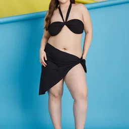 Curves By ZeroKaata Plus Size Halter Ribbed Beachwear Swim Bikini Set With Sarong-image-62