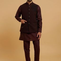 Twamev Mandarin Collar Thread Work Straight Kurta With Trousers & Jacket-image-53