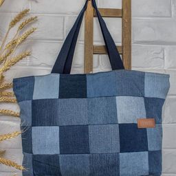 DWIJ Women Upcycled Denim Checked Tote Bag-image-5