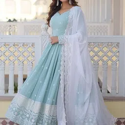 SHISHKALA Embroidered Maxi Dress With Dupatta Ethnic Dresses-picture-13