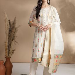 RAJGRANTH Women Regular Chanderi Cotton Kurti with Trousers & With Dupatta image 1