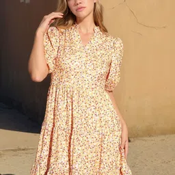 ZYNG Women Floral Print Puff Sleeve Crepe A-Line Mini Dress-image-90