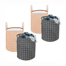Aura 4-Pcs Grey & Brown Checked Cotton Foldable Laundry Bags With Handle - 60L-6