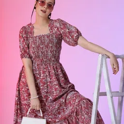 Femvy Women Printed Square Neck Fit & Flare Dress-image-37