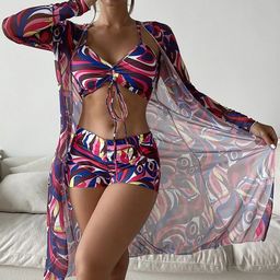 Krelin 3-Pcs Printed Ruched Bikini Top & Shorts With Cover Up Top-image-52