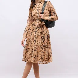Styli Women Shirt Collar Abstract Print A-Line Tiered Midi Dress-picture-1