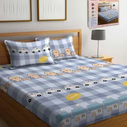 FABINALIV Blue & White Cartoon Characters 300 TC King Bedsheet with 2 Pillow Covers-image-74