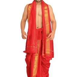 Exotic India Dhoti and Angavastram Set with Wide Golden Border (Ready to Wear)-image-85