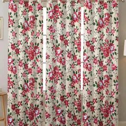ANA Red & White Set of 3 Floral Room Darkening Long Door Curtain-3