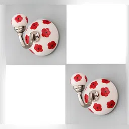 IndianShelf Red and White 2 Pcs Floral Printed Ceramic Wall Hooks-2