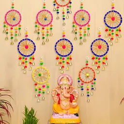 eCraftIndia Pink & Blue 10 Pieces Gota Patti Bangle & Bells Toran Festive Decor-6