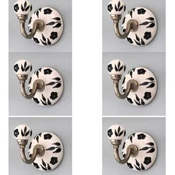 IndianShelf Cream-Coloured & Black 6 Pieces Floral Printed Ceramic Wall Hooks-18
